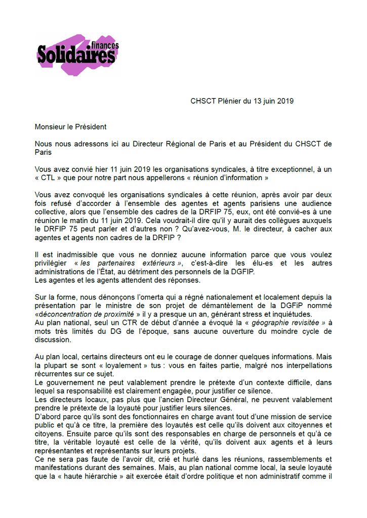 Liminaire CHSCT 13 juin