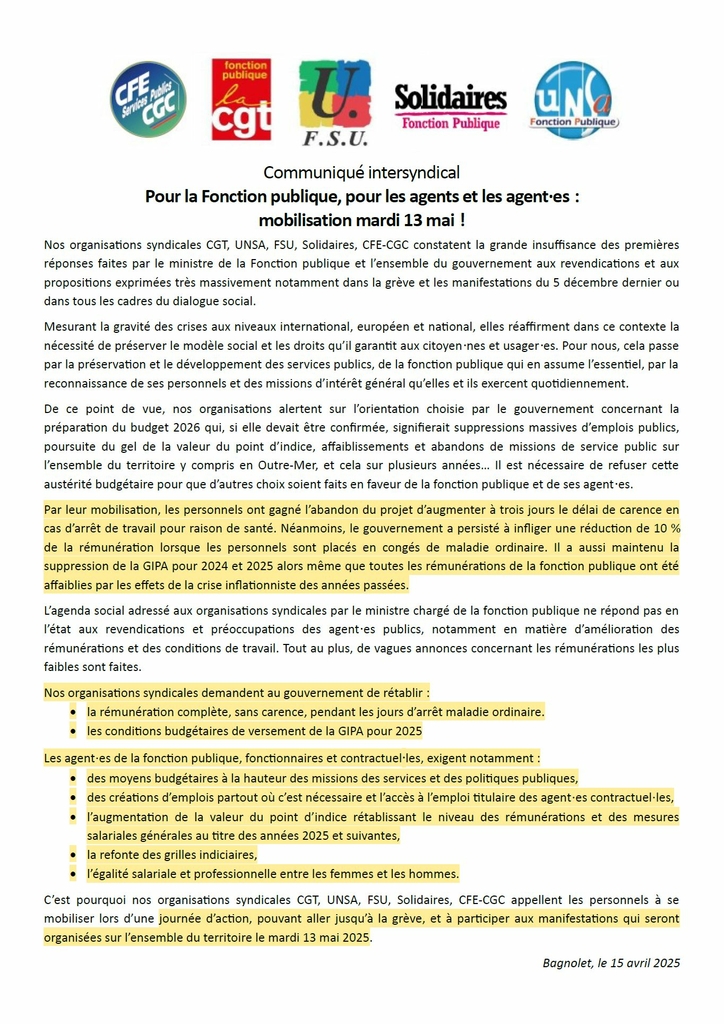 Appel intersyndical 13 mai 2025