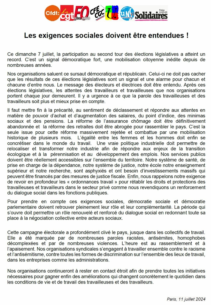 Communiqué intersyndical 110724