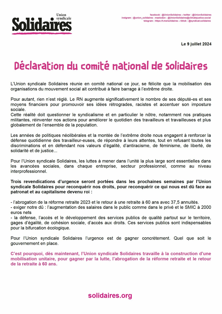 Déclaration Solidaires 090724